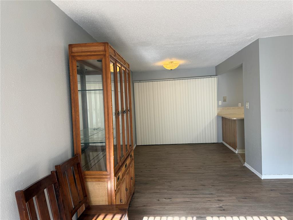 A dining area features wood-look flooring, a large china cabinet, and vertical sliding glass doors — 2811 SW ARCHER ROAD UNIT P134, GAINESVILLE, FL