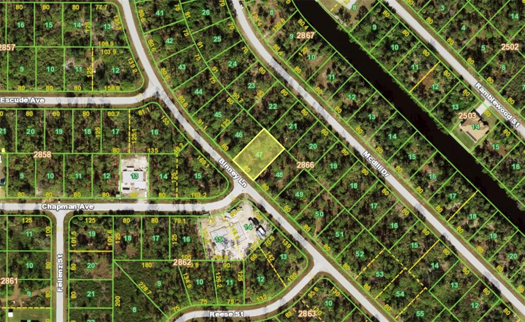 This is a satellite map showing property lot lines and street layouts in a residential area — 386 BINNEY LANE, PORT CHARLOTTE, FL