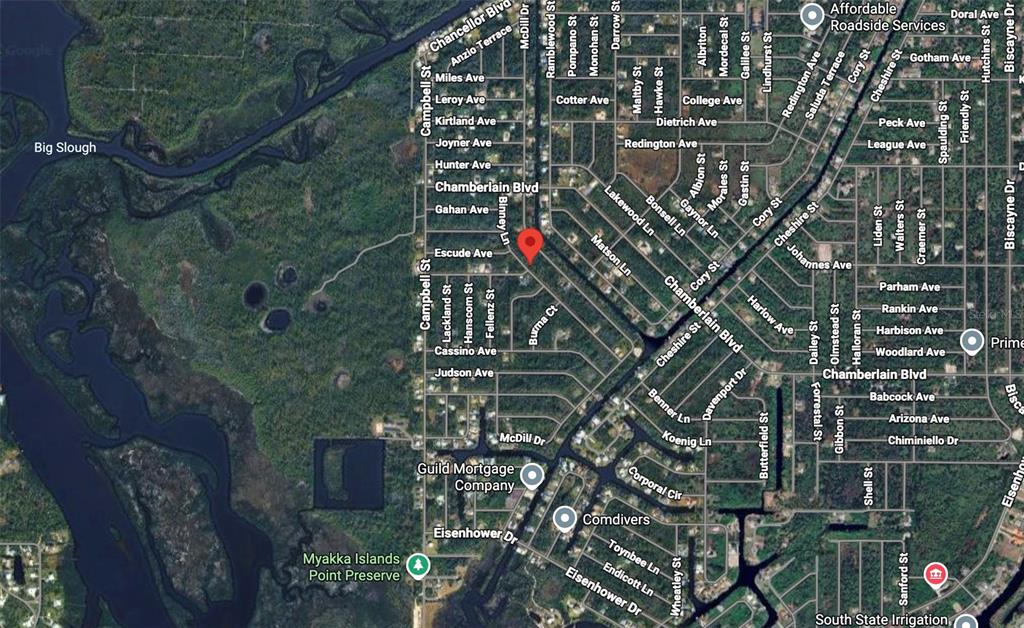 This is a satellite map showing residential streets and surrounding natural areas — 386 BINNEY LANE, PORT CHARLOTTE, FL