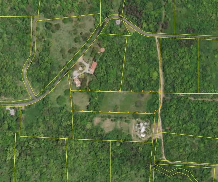 This is an aerial map showing a rectangular parcel of land outlined in yellow — 37 HIDEAWAY LANE, VIEQUES, PR
