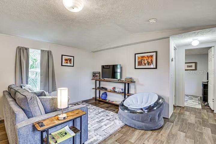 A living room features a gray sofa, an inflatable chair, and a television on shelving — 5185 S ALLIGATOR PLACE, FLORAL CITY, FL