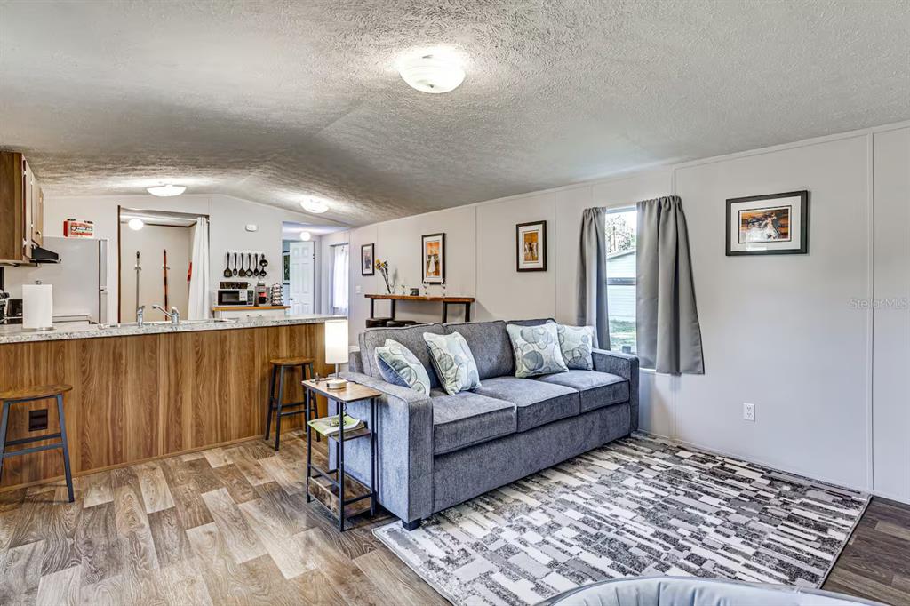 A living room with a grey sofa, a patterned rug, and a kitchen breakfast bar — 5185 S ALLIGATOR PLACE, FLORAL CITY, FL