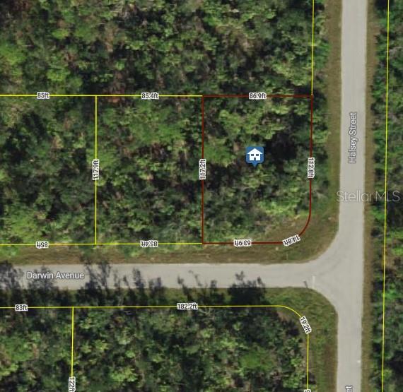 This is an aerial map showing the property boundaries and dimensions of a vacant corner lot — 14256 DARWIN AVENUE, PORT CHARLOTTE, FL