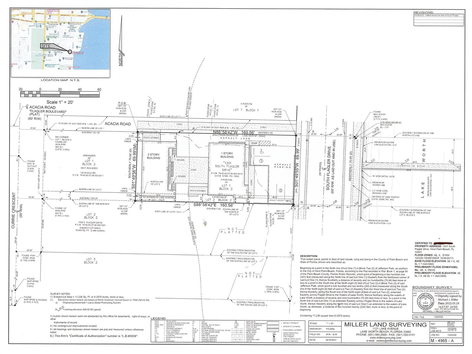 This is a boundary survey map showing the property lines and structures for a lot — 1301 S Flagler Drive, West Palm Beach FL 33401, WEST PALM BEACH, FL