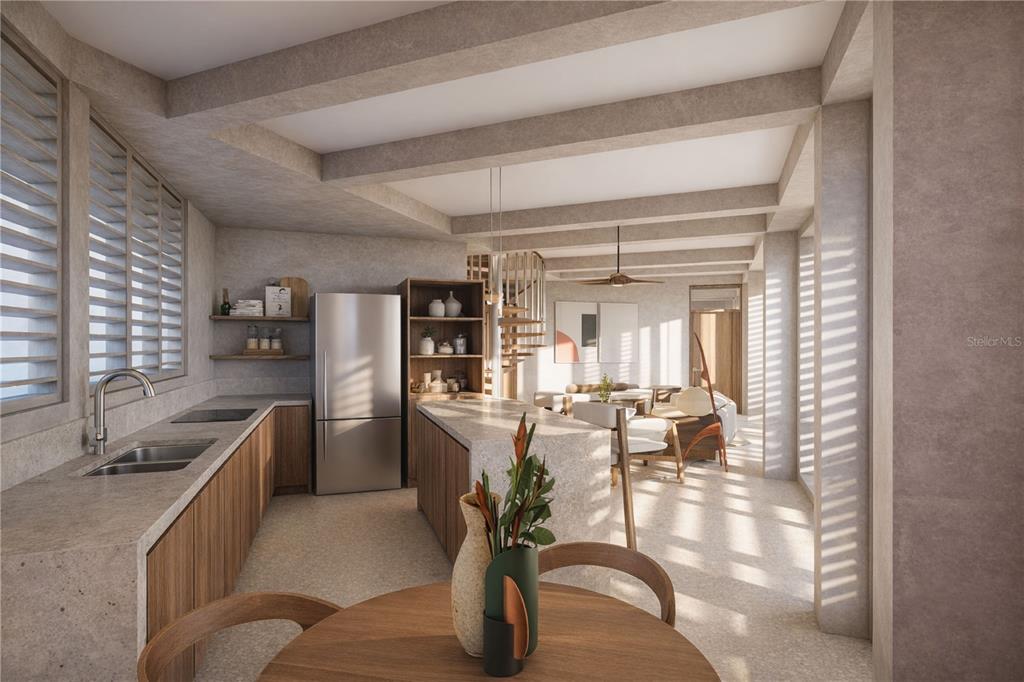 This is a rendering of a modern kitchen and living area with concrete-style finishes — 425 SOL STREET UNIT Penthouse, SAN JUAN, PR