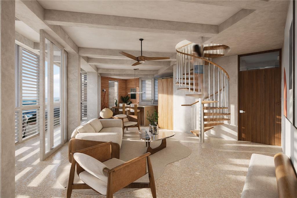 This rendering shows a modern living room featuring a spiral staircase and terrazzo flooring — 425 SOL STREET UNIT Penthouse, SAN JUAN, PR