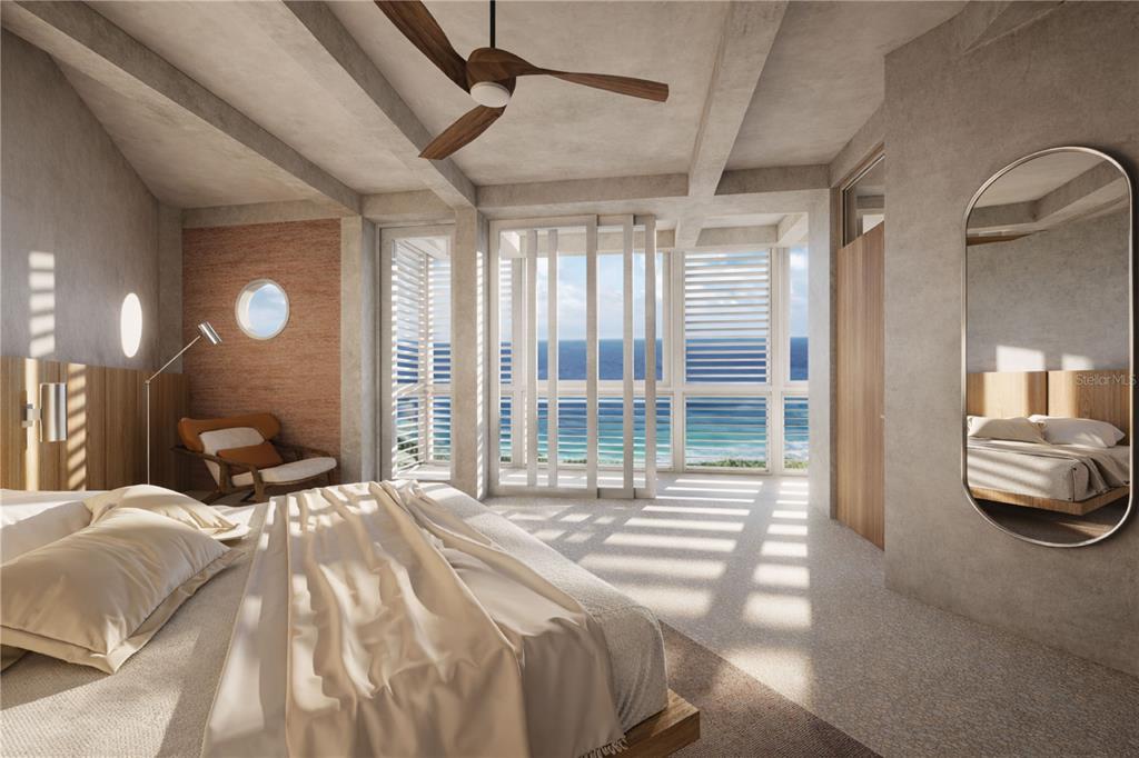 This rendering shows a modern bedroom with concrete ceilings, a view of the ocean, and shutters — 425 SOL STREET UNIT Penthouse, SAN JUAN, PR