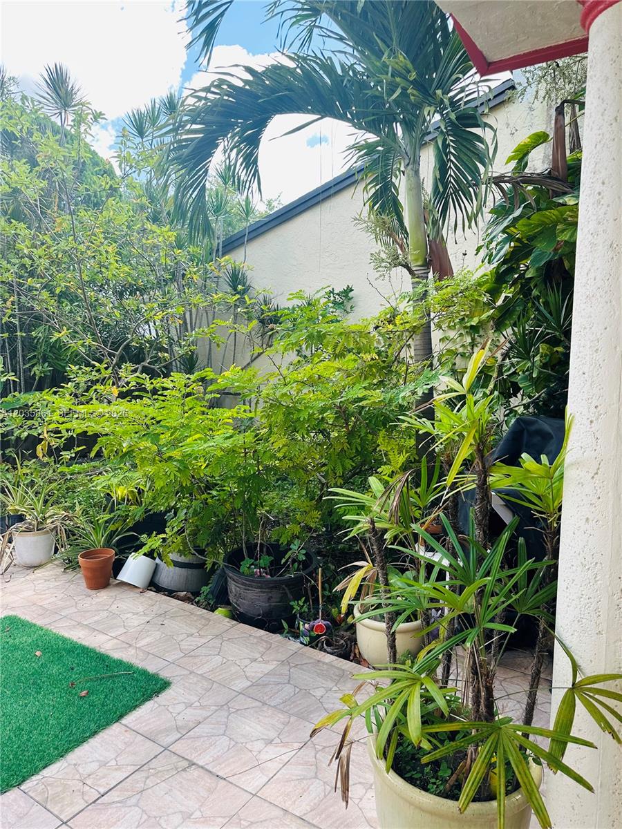 A patio area features various potted plants, a palm tree, and tiled flooring — MIAMI, FL