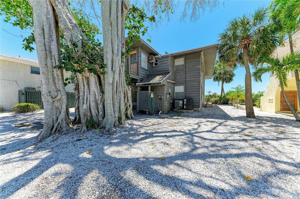 A two-story gray wood-sided building stands next to a large tree on a gravel lot — 102 PALMETTO AVENUE, ANNA MARIA, FL
