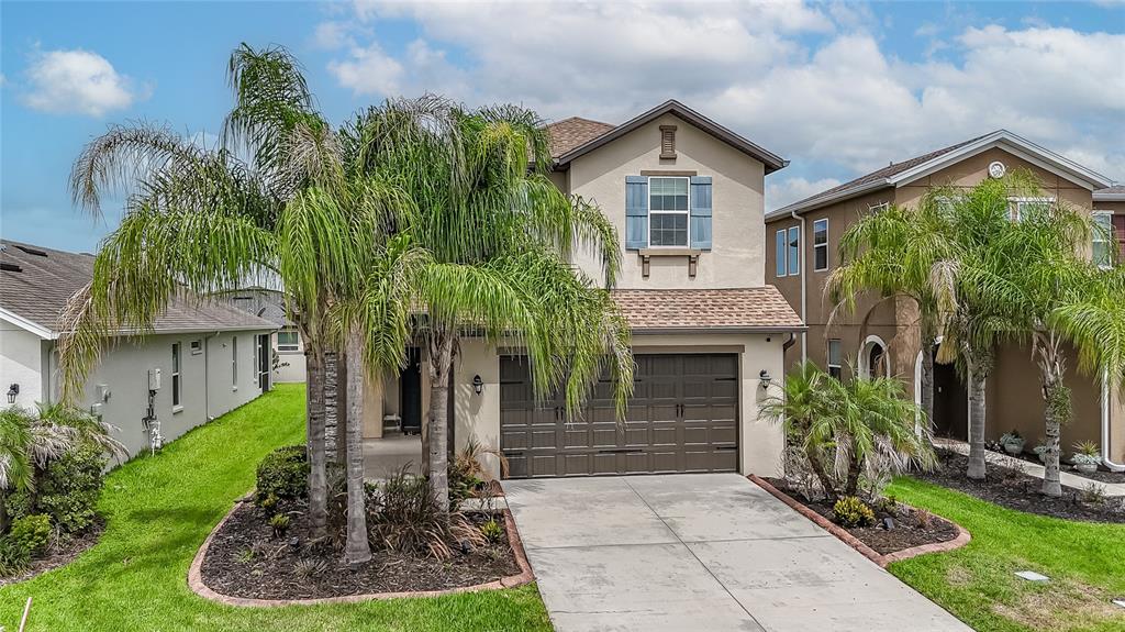A two-story house with a brown garage door, palm trees, and a concrete driveway — 4459 TRAMANTO LANE, WESLEY CHAPEL, FL