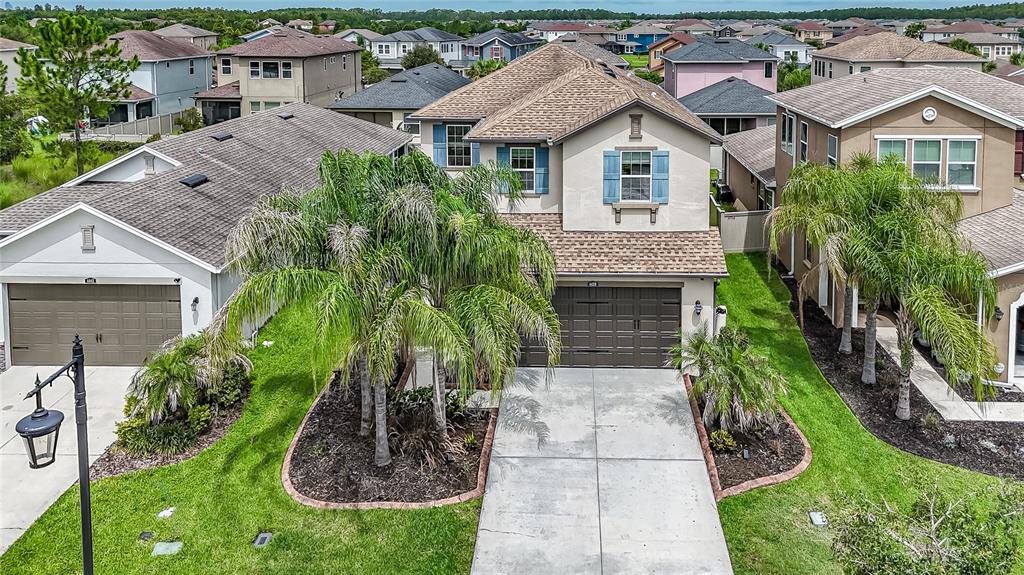 An aerial view of a two-story suburban house with a brown roof and palm trees — 4459 TRAMANTO LANE, WESLEY CHAPEL, FL