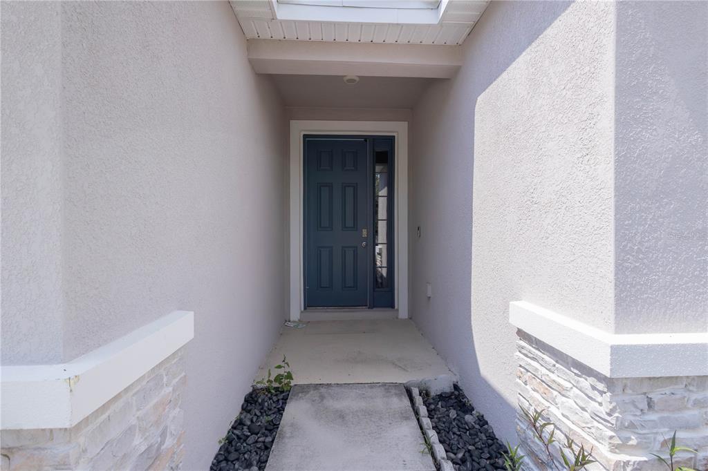A concrete walkway leads to a blue front door with a side window under a porch — 1215 OCEAN SPRAY DRIVE, RUSKIN, FL