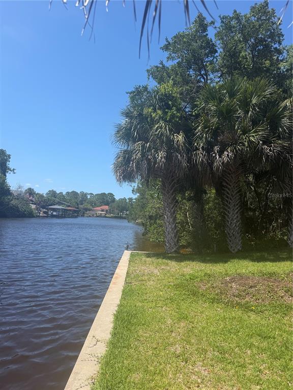 A grassy yard meets a concrete seawall along a canal with palm trees nearby — 14 FLAGLER PLACE, PALM COAST, FL