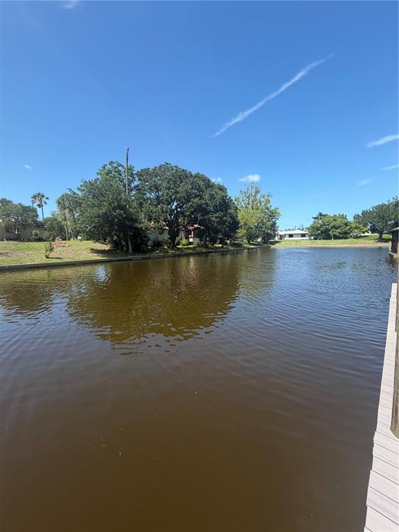 A view of a canal with a wooden dock in the foreground and trees beyond — 14 FLAGLER PLACE, PALM COAST, FL