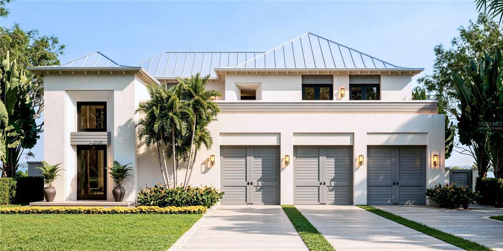An aerial view of a two-story house with a pool, spa, and covered patio area — 620 GULF BOULEVARD, BELLEAIR SHORE, FL