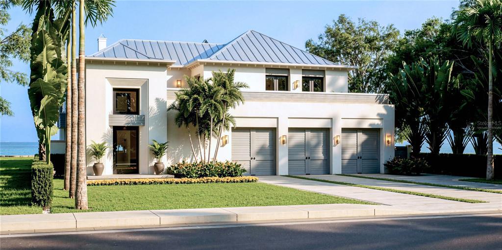 This rendering shows a modern house exterior with a swimming pool and lounge chairs — 620 GULF BOULEVARD, BELLEAIR SHORE, FL
