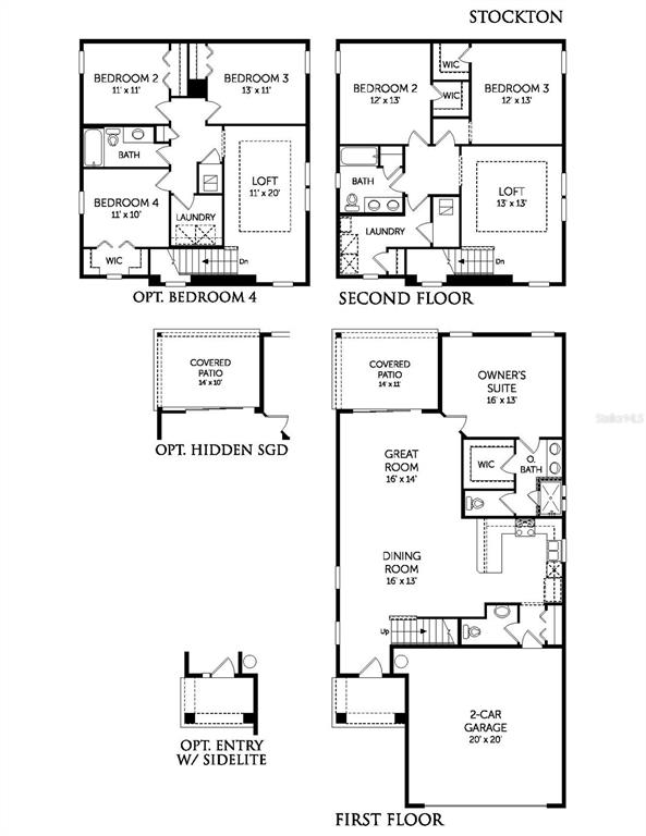 This floor plan shows the first and second levels of a house with multiple layout options — 754 FARMFIELD DRIVE, ST AUGUSTINE, FL