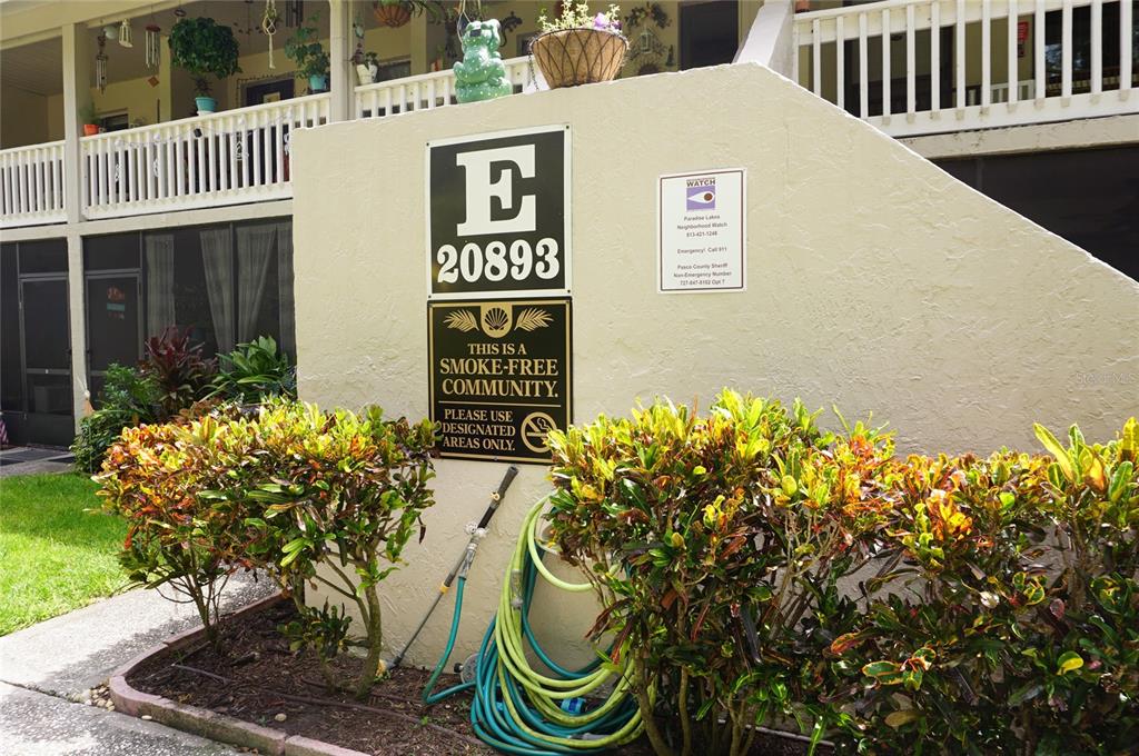 A beige exterior wall features a building identification sign, a smoke-free notice, and landscaping — 20893 HAULOVER COVE UNIT 8, LUTZ, FL