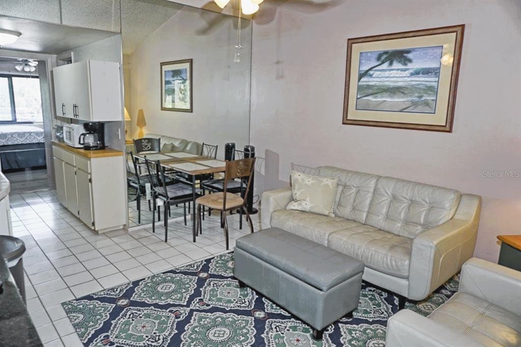 A living room and dining area feature a tiled floor, mirrored wall, and light-colored sofa — 20893 HAULOVER COVE UNIT 8, LUTZ, FL