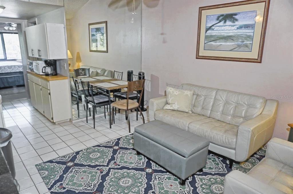 A living room with a sofa, ottoman, dining table, and a mirrored wall — 20893 HAULOVER COVE UNIT 8, LUTZ, FL