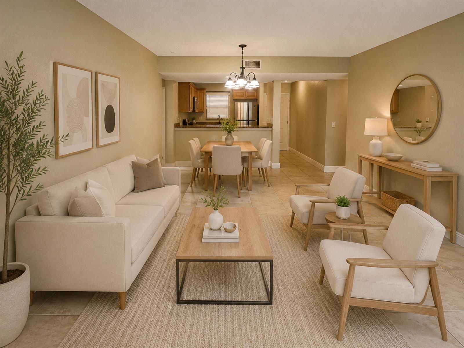 A living room and dining area with neutral furniture, tile floors, and a kitchen background — 1461 Windorah Way # C, West Palm Beach FL 33411, WEST PALM BEACH, FL