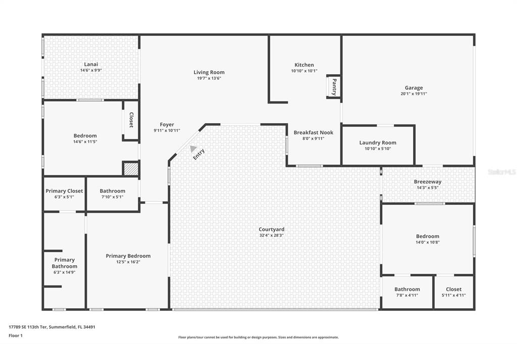 This is a floor plan of a house featuring a large central courtyard — 17789 SE 113TH TERRACE, SUMMERFIELD, FL