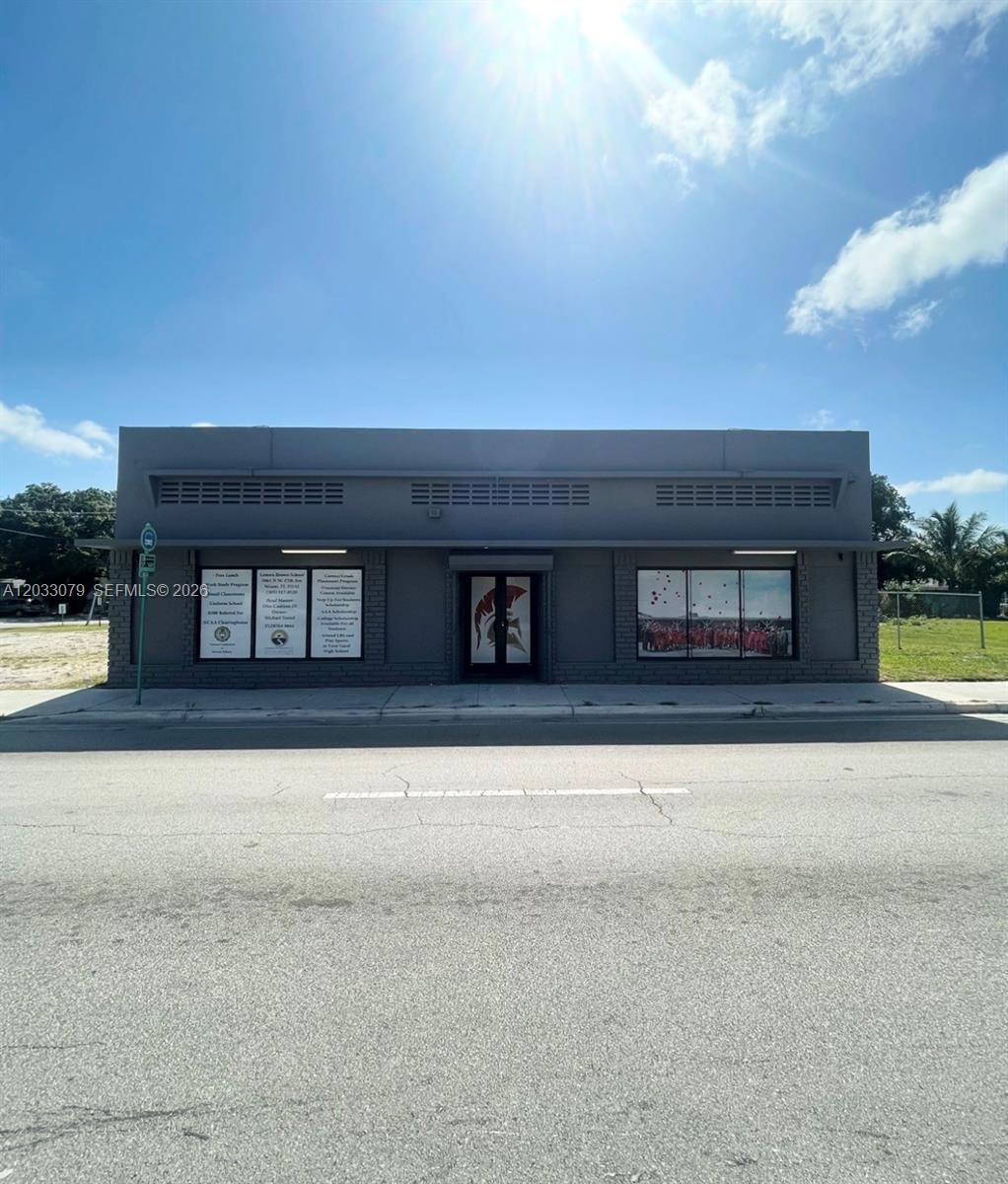 A gray, single-story commercial building with a central entrance and large display windows — 5851 NW 17th Ave, Miami FL 33142, MIAMI, FL