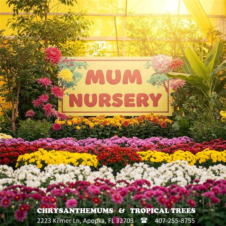 A sign for a nursery sits in a greenhouse filled with rows of colorful chrysanthemums — 2223 KILMER LANE, APOPKA, FL