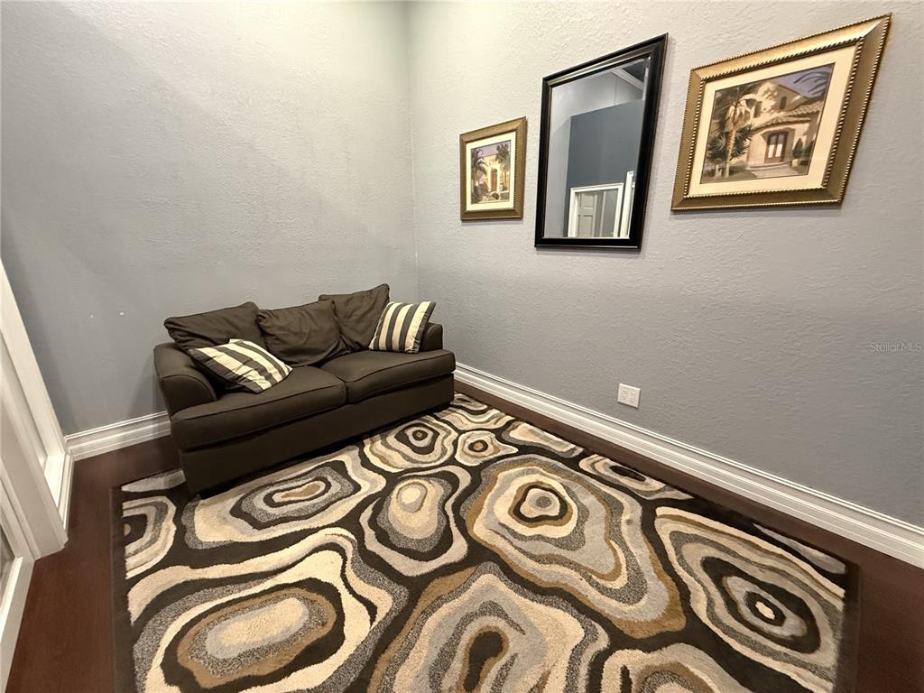 A small room features a dark sofa, a patterned area rug, and wall-mounted decor — 245 W BLUE SPRINGS AVENUE UNIT E, ORANGE CITY, FL