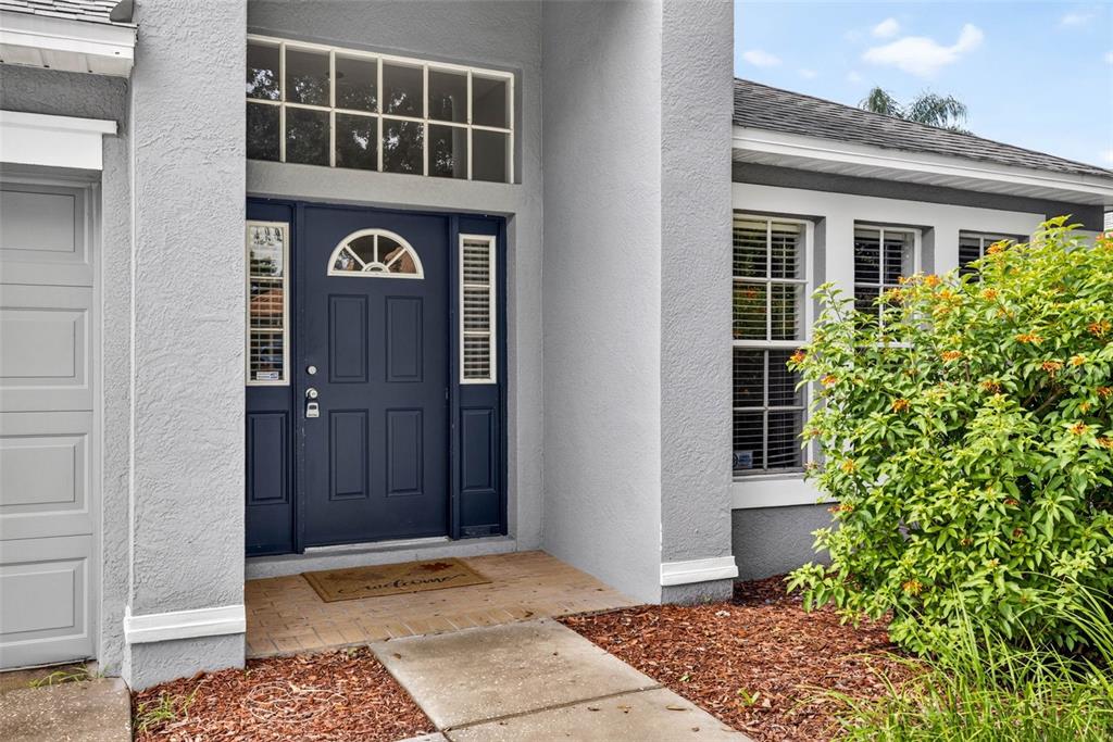 The exterior of a gray house features a dark blue front door and a walkway — 2605 VALENCIA GROVE DRIVE, VALRICO, FL