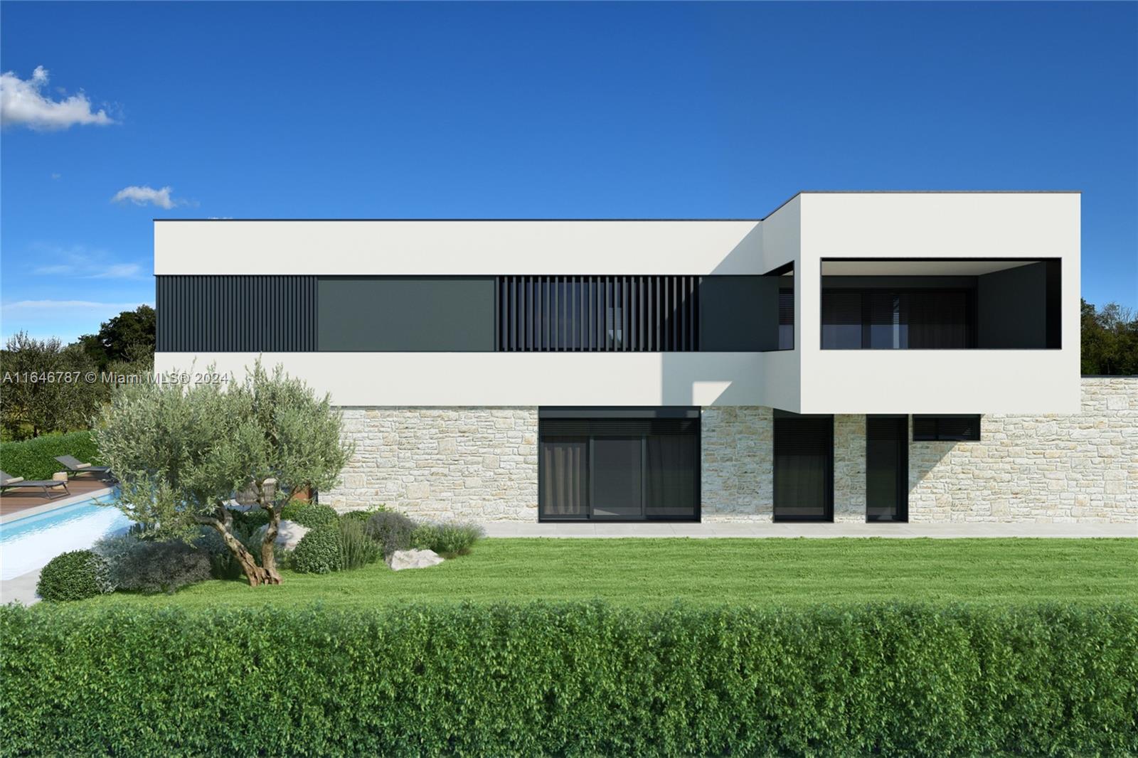 This is a rendering of a modern two-story house with stone cladding and a pool — 11 Rosini, IA 52446, IA