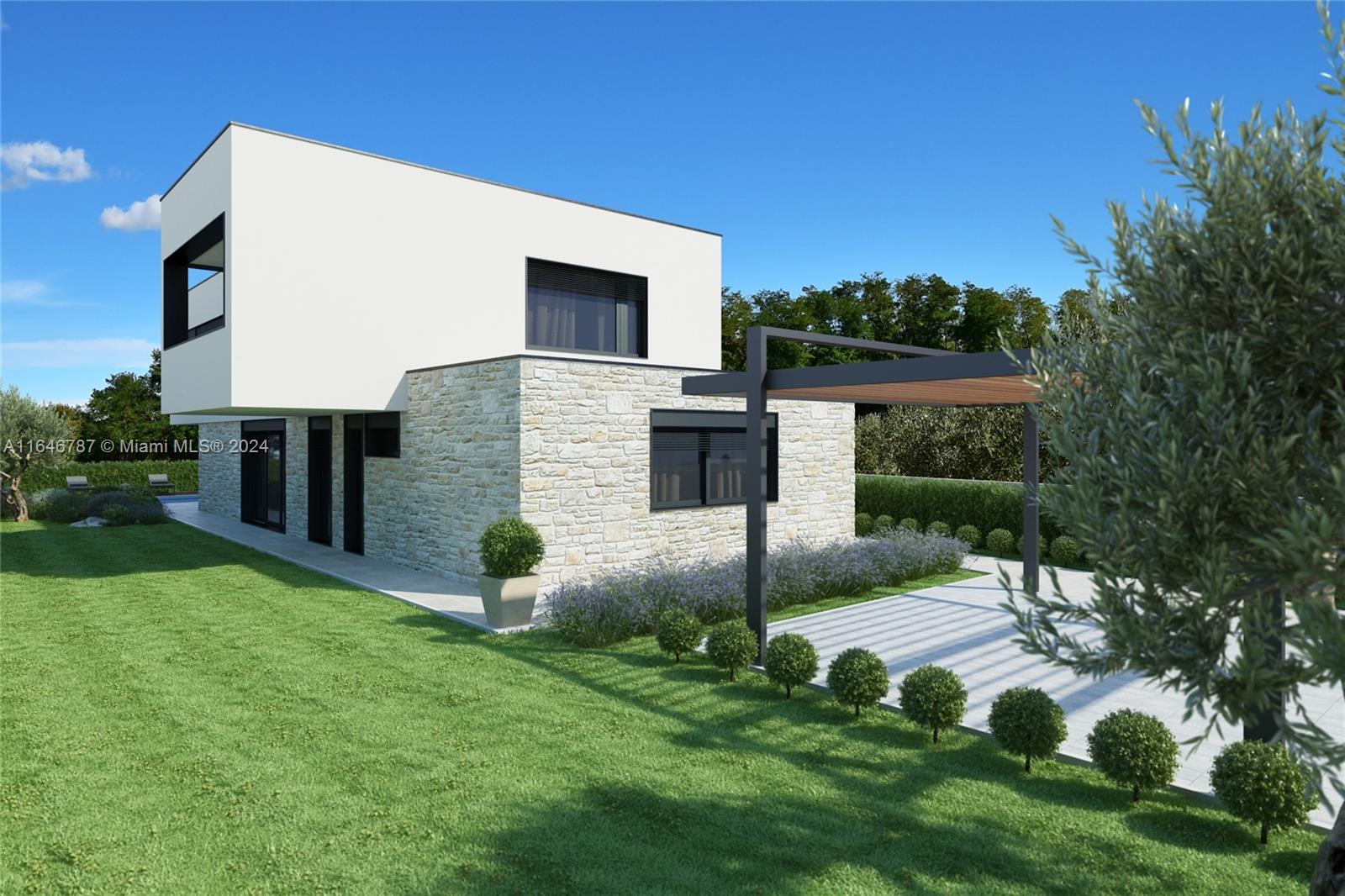 This is a rendering of a modern two-story house with stone cladding and a pergola — 11 Rosini, IA 52446, IA