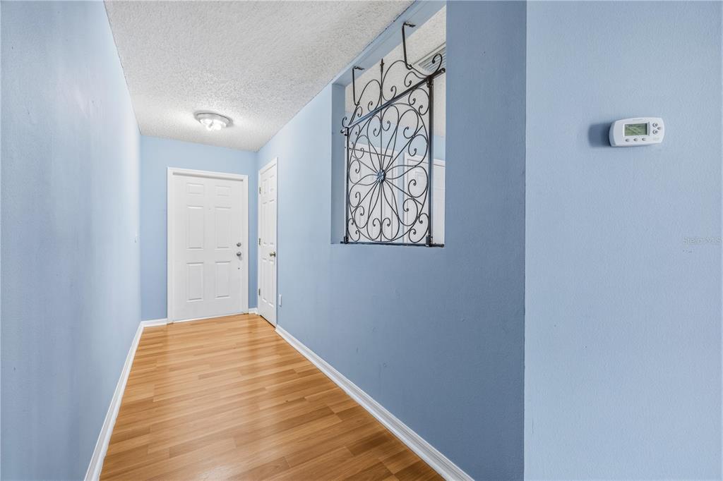 A hallway with light blue walls, wood-look flooring, and a decorative metal wall insert — 8431 EDGEWATER PLACE BOULEVARD, TAMPA, FL