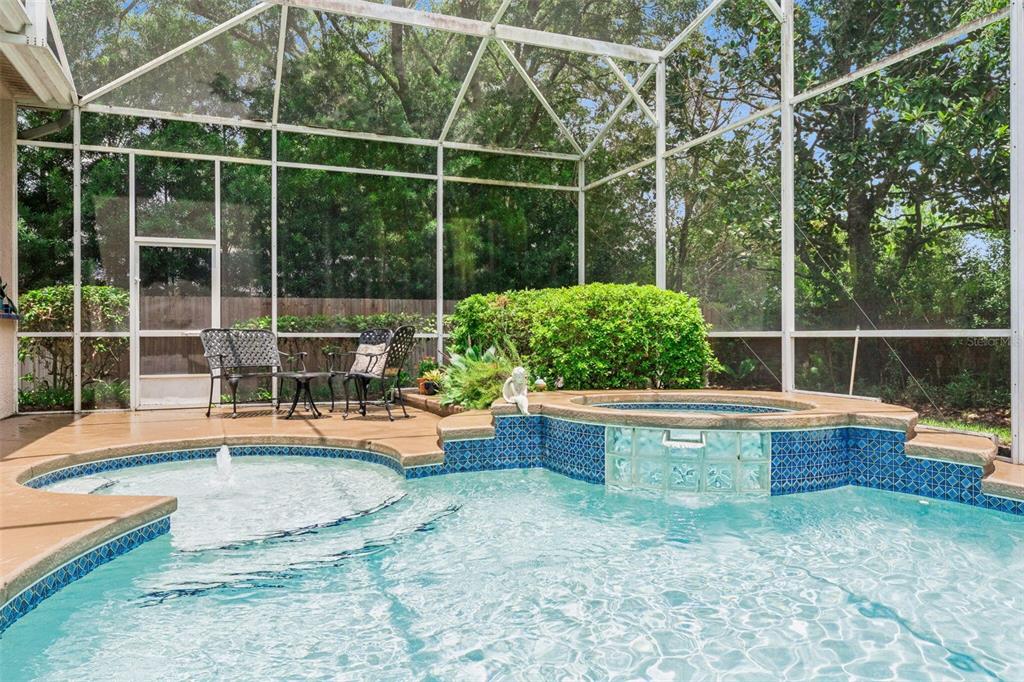 A screened-in pool area features a hot tub, a fountain, and patio furniture — 418 WOLDUNN CIRCLE, LAKE MARY, FL