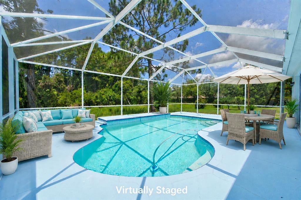 A screened-in pool patio features a blue-cushioned sectional sofa, a dining set, and landscaping — 21744 WAVERLY SHORES LANE, LAND O LAKES, FL