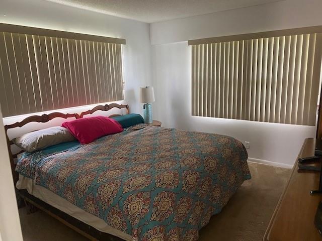A bedroom features a bed with a patterned quilt, two windows with vertical blinds, and carpet — 117 Brighton C # 117, Boca Raton FL 33434, BOCA RATON, FL