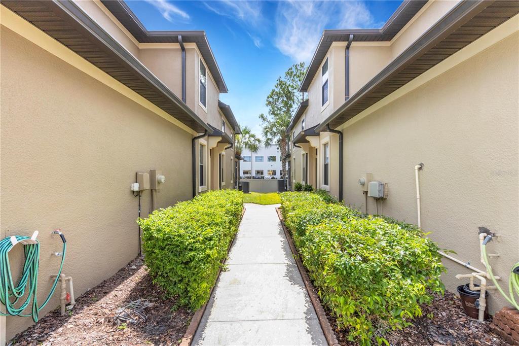 A concrete walkway leads between two beige townhome buildings lined with green hedges — 5166 BAY ISLE CIRCLE, CLEARWATER, FL