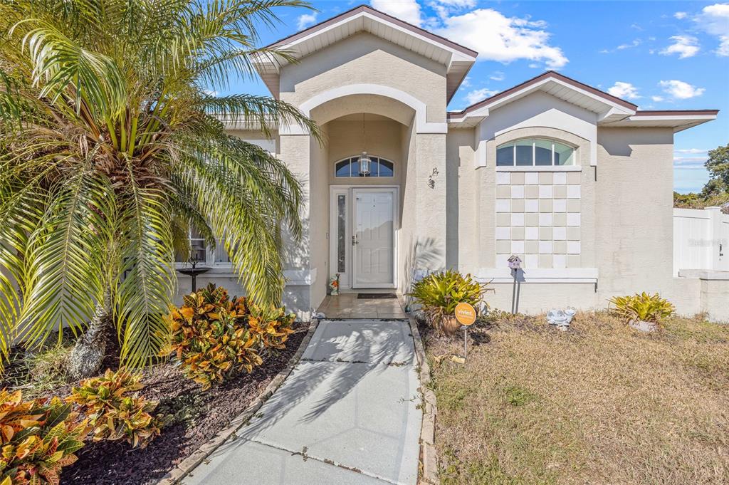 A beige single-story house features a palm tree, a front walkway, and a covered entryway — 6401 GRAPEWOOD ROAD, SPRING HILL, FL