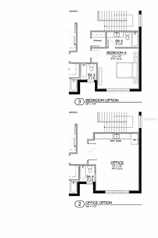 This floor plan shows two layout options for a room featuring a bathroom and storage — 3209 W BAY VISTA AVENUE, TAMPA, FL
