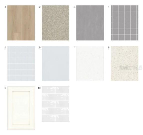 This image displays a grid of ten material samples for home interior finishes and flooring — 26141 CAMOGLI COURT, ENGLEWOOD, FL