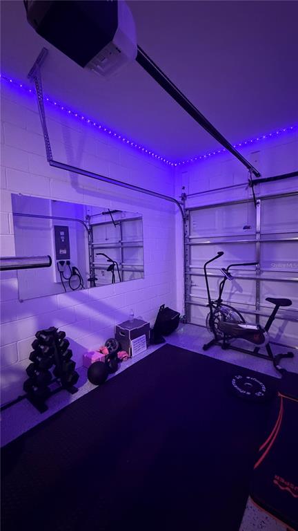 A garage converted into a home gym with exercise equipment, a mirror, and purple lighting — 2966 CANARY AVENUE, DAVENPORT, FL