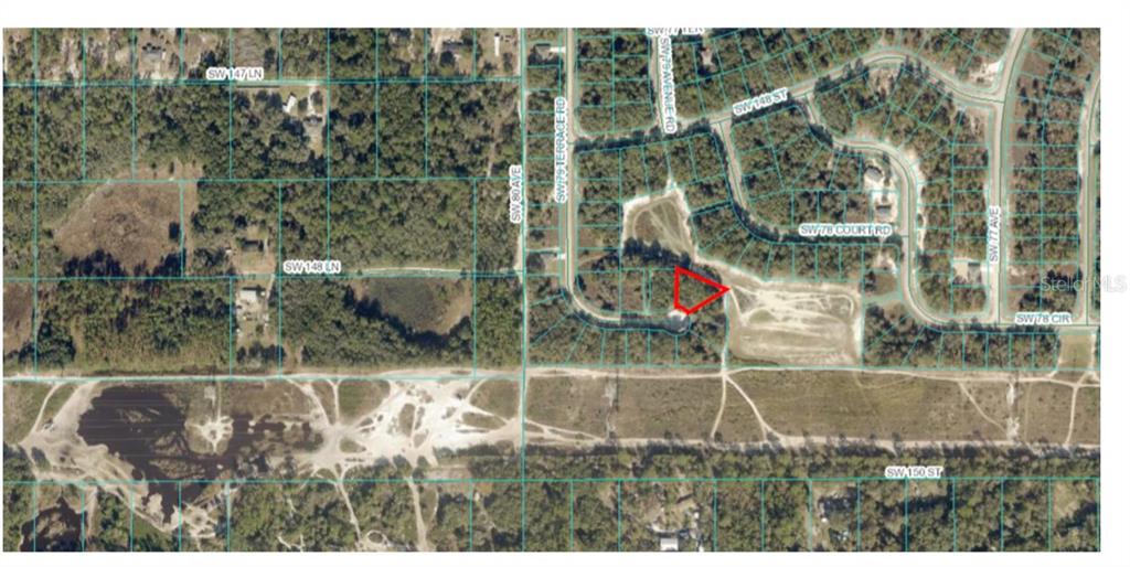 An aerial map view shows a highlighted triangular plot of land within a residential neighborhood — 00 SW 79 TERRACE ROAD, OCALA, FL