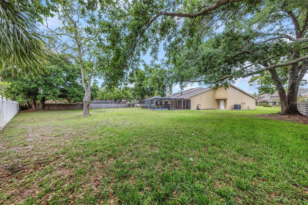 A large, grassy backyard features mature trees, a screened-in pool, and a tan house exterior — 3334 BRIAN ROAD N, PALM HARBOR, FL
