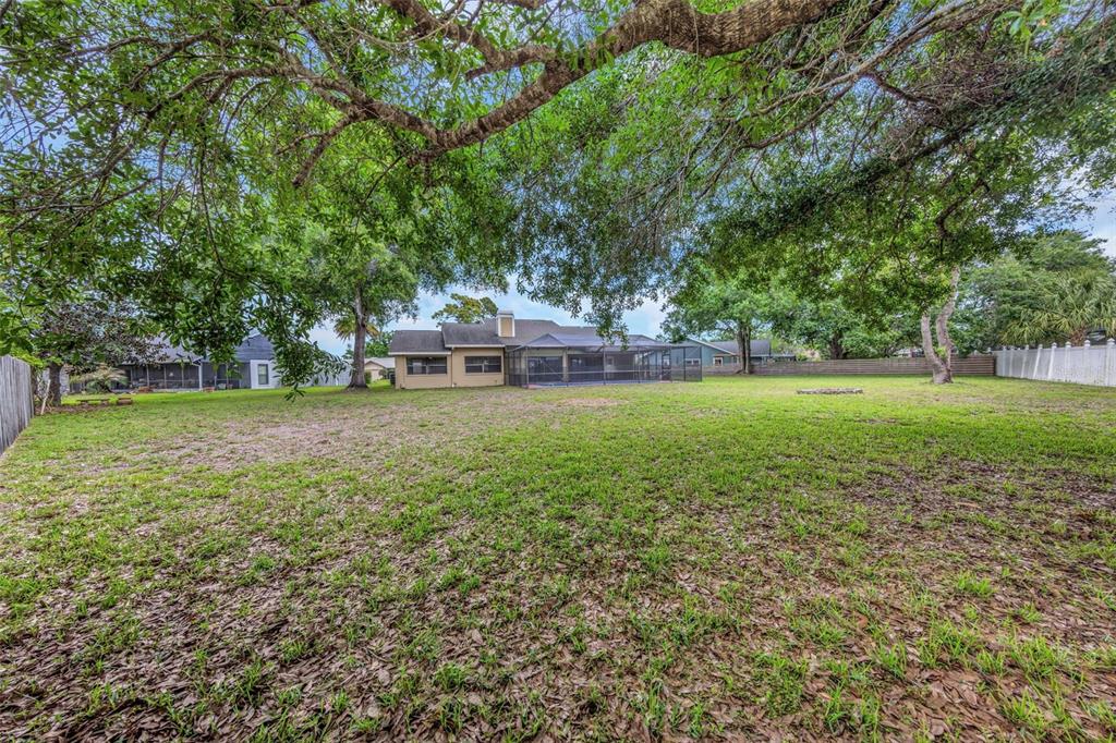 A large, grassy backyard features mature oak trees and a house with a screened-in patio — 3334 BRIAN ROAD N, PALM HARBOR, FL