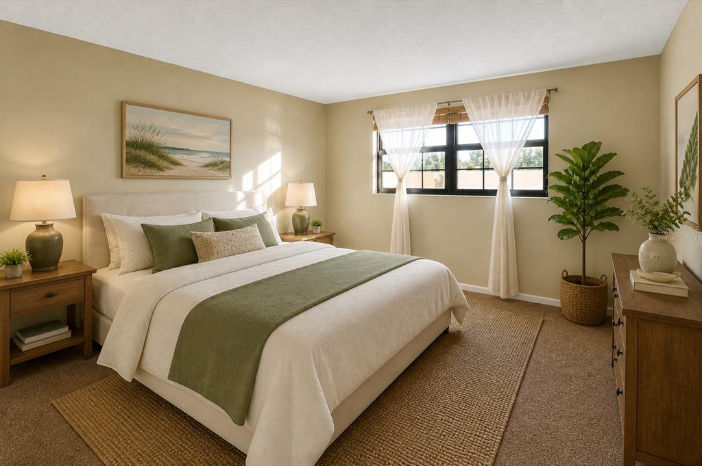 A bedroom features a queen bed with green accents, a window, and a wooden dresser — 1515 FORREST NELSON BOULEVARD UNIT N104, PORT CHARLOTTE, FL