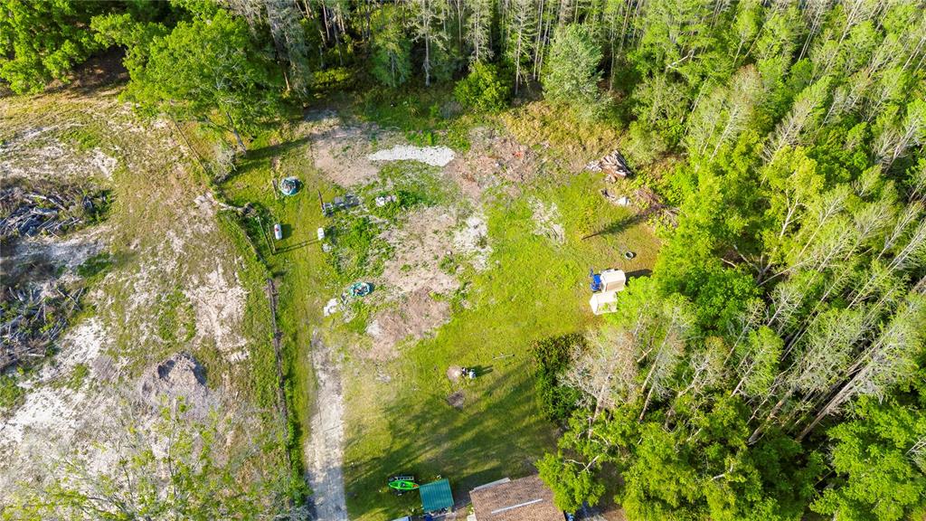 An aerial view shows a grassy clearing surrounded by trees with a small shed nearby — 4436 JOY DRIVE, LAND O LAKES, FL