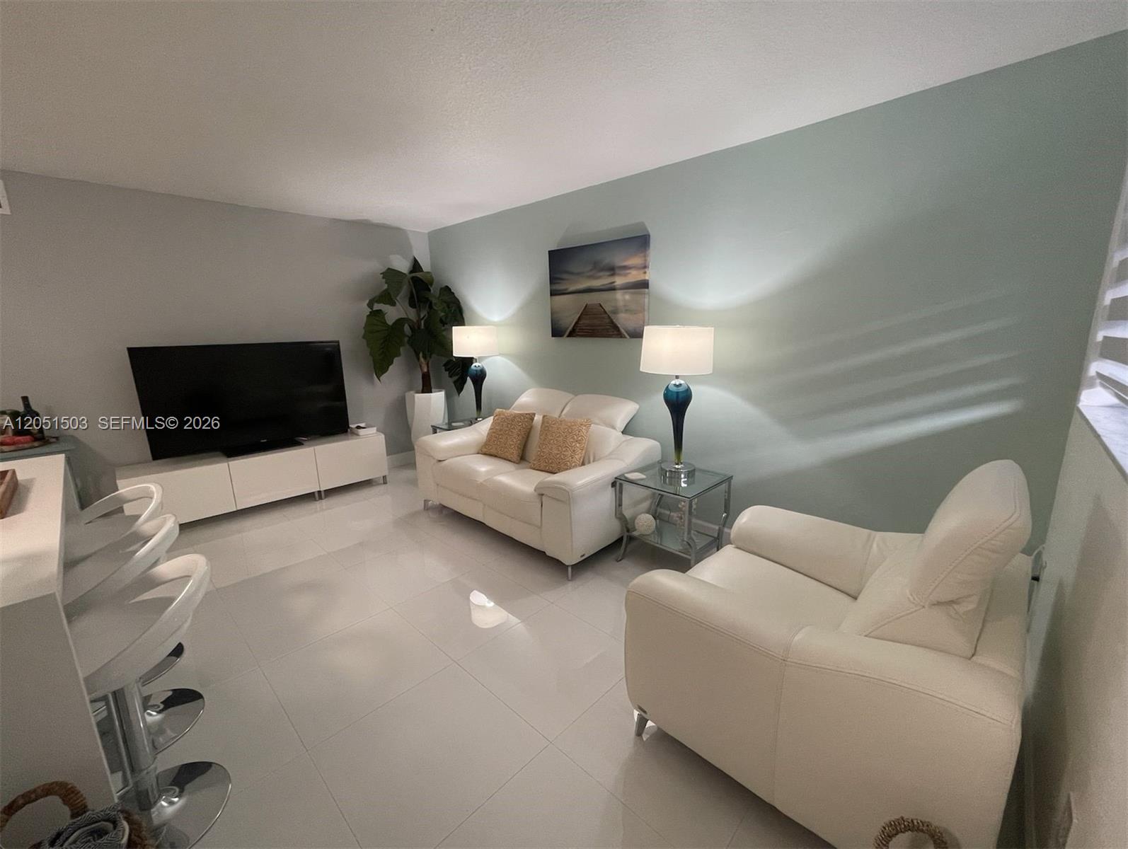 A living room features white leather furniture, a television console, and light blue walls — 335 Collins Ave # 203, Miami Beach FL 33139, MIAMI BEACH, FL