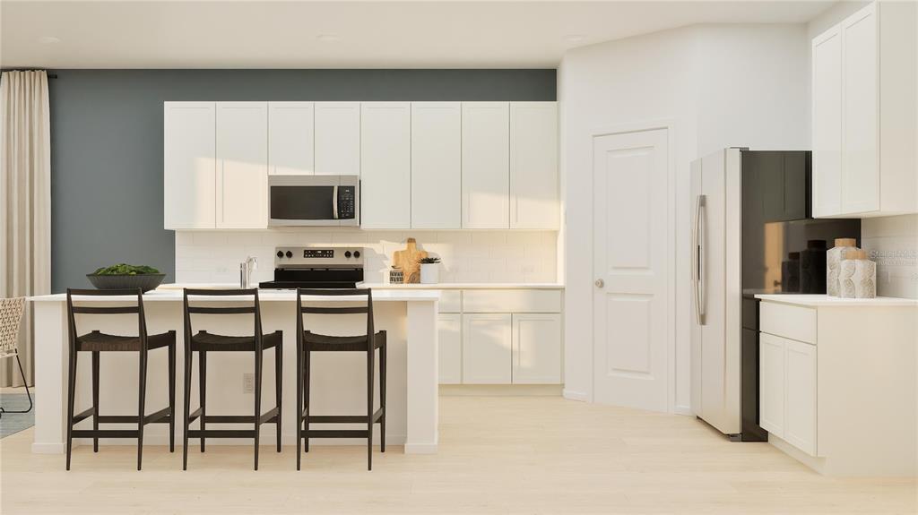 This is a rendering of a modern kitchen featuring white cabinetry, an island, and barstools — 3043 GRANITE RIDGE AVENUE, MINNEOLA, FL