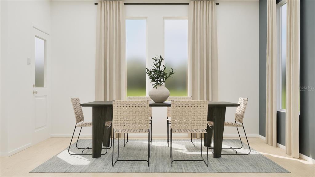 This is a digital rendering of a dining room featuring a dark table and woven chairs — 3043 GRANITE RIDGE AVENUE, MINNEOLA, FL