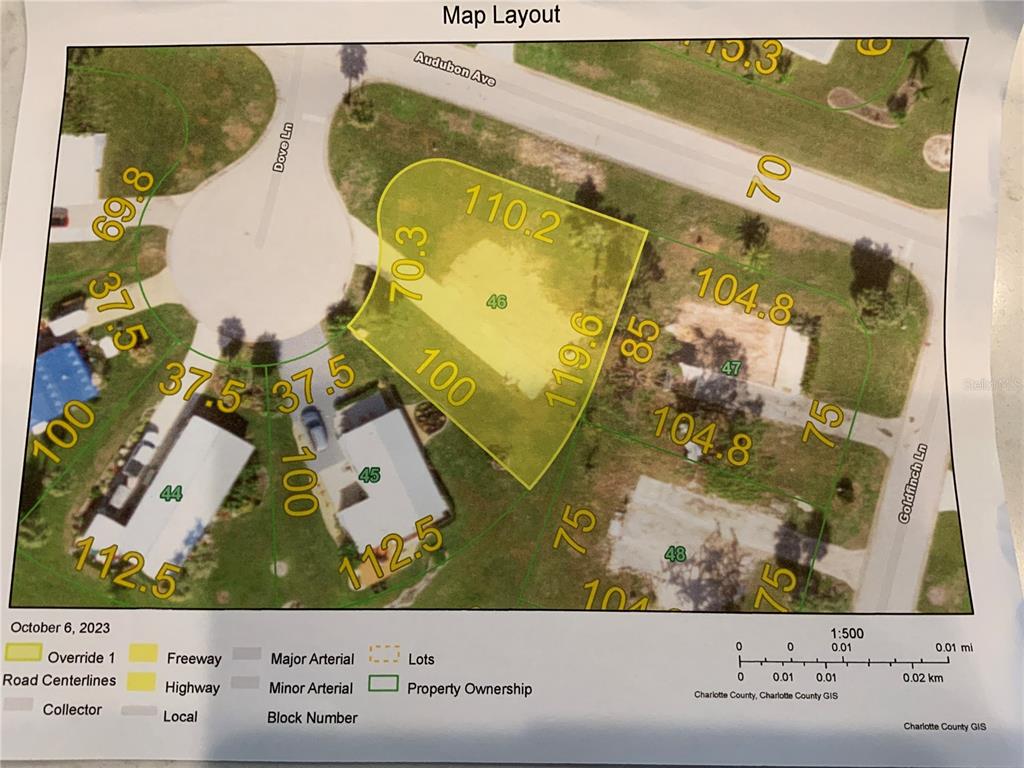 This is a map layout showing property lot lines and dimensions for a residential area — 3303 DOVE LANE, ENGLEWOOD, FL